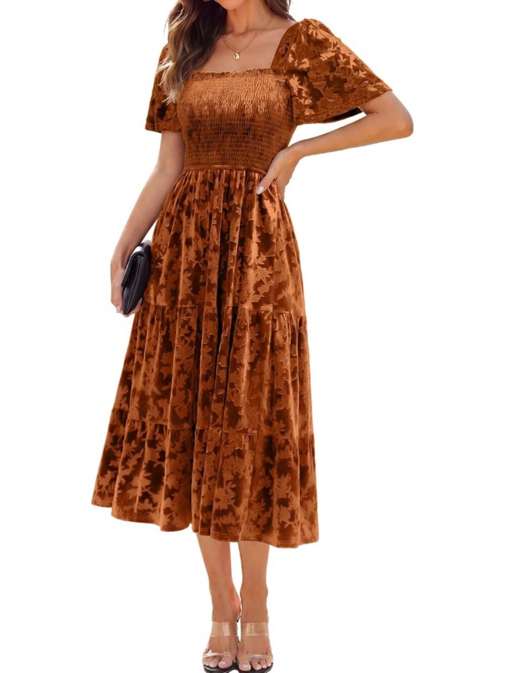 Women's Orange Square Neck Short Sleeve Formal Wedding Velvet Maxi Dresses